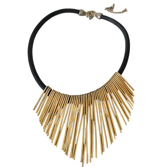 Statement kinetic necklace gold tone with black rope Paddle Fringe - Picture 3 of 5